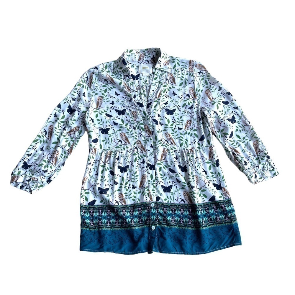 Maeve Ivory Floral and Owl Print Button Up Shirt US 0